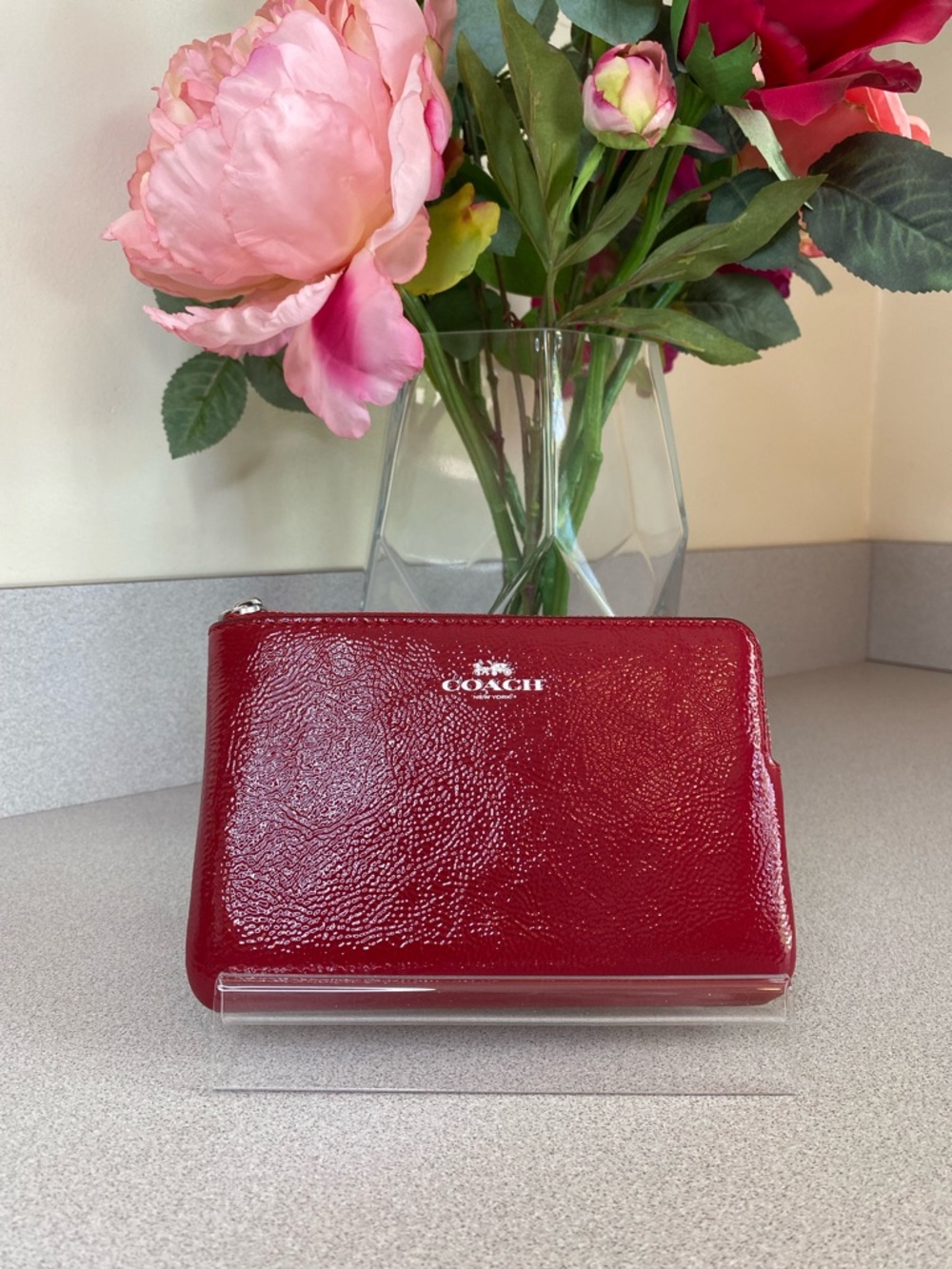 Coach Corner Zip Crinkle Red Patent Leather Wristlet
